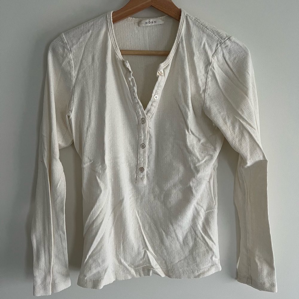 Doen Cream Long Sleeve Button Down Shirt with Mandarin Collar